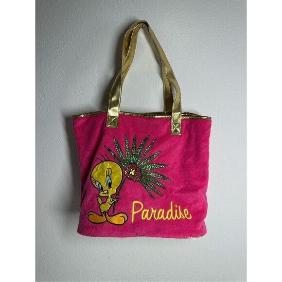 Y2K Tweety Bird Hot Pink Gold Terry Cloth Paradise Large Tote See Description - Picture 2 of 16